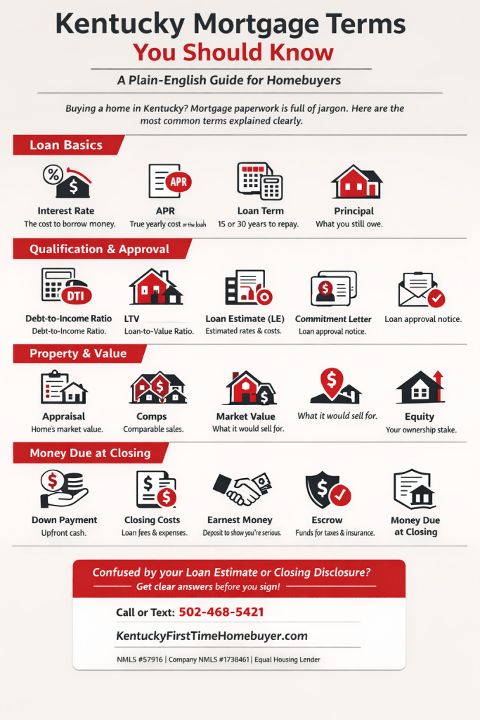 explaining essential mortgage terms for homebuyers in Kentucky, including loan basics, qualification, property value, and money due at closing.